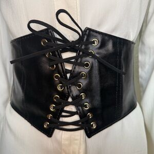 Black faux leather wide elastic waistband lace up corset belt